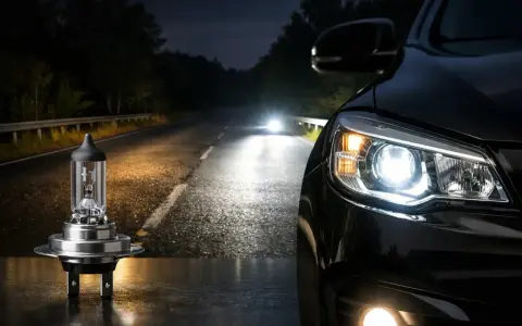 En strålkastare, en "night breaker", lyser upp en mörk väg. Bilens strålkastare lyser starkt.