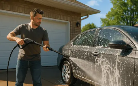 Man tvättar bilen med högtryckstvätt. Enkelt att vaxa hemma när bilen är ren.