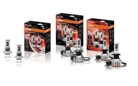 Tre förpackningar med Osram H7 LED-lampor, inklusive Night Breaker LED Speed och Smart. Perfekt för att uppgradera bilens belysning.