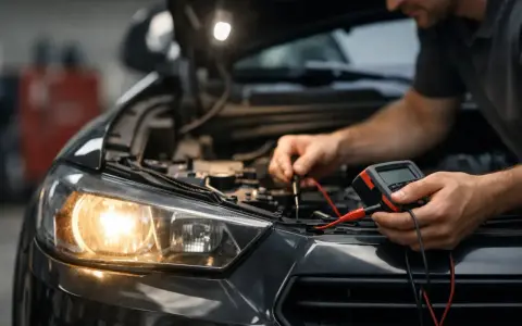 Mekaniker kontrollerar bilens elsystem med multimeter. Halvljuset lyser svagt, vilket tyder på dåligt halvljus.
