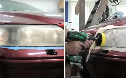 Bilägaren polerar strålkastare med en polermaskin för att få dem klara igen.