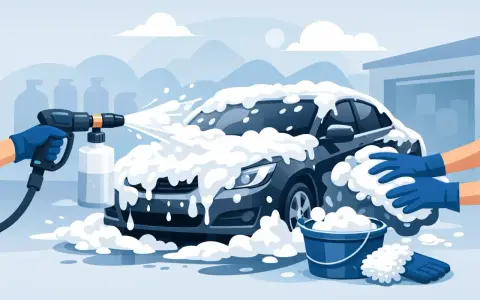 Bil tvättas med rikligt med snöskum. En hand med blå handske sprutar skum från en högtryckstvätt. En annan hand med handske tvättar bilen med en svamp.
