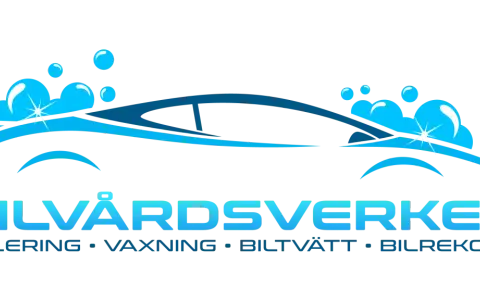Bilvårdsverket: Polering, vaxning, biltvätt och bilrekond. Logotyp med en stiliserad bil och bubblor.