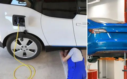 En vit elbil laddas medan en person arbetar under en blå elbil på en lyft. Service elbil är viktigt.