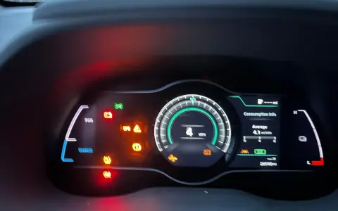Instrumentpanelen på en Hyundai Kona Electric visar flera varningslampor, vilket indikerar ett problem.
