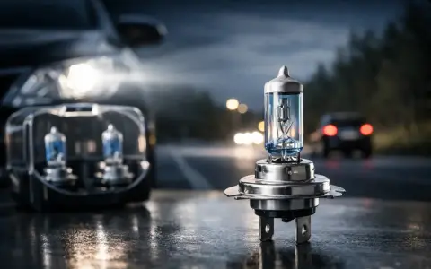 En ensam Osram Night Breaker H7-lampa står redo att lysa upp mörka vägar. I bakgrunden syns en bil med tända strålkastare.