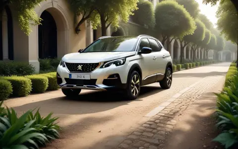 Vit Peugeot 3008 automat parkerad på en grusväg, omgiven av grönska och en herrgård. Kanske en peugeot 3008 automat problem orsakade stoppet här?
