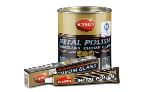 Autosol kromglans för skinande metall. En burk och en tub med polermedel som ger fantastisk glans.