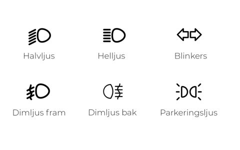 Ikoner för fordonsbelysning: halvljus, helljus, blinkers, dimljus fram, dimljus bak och parkeringsljus.