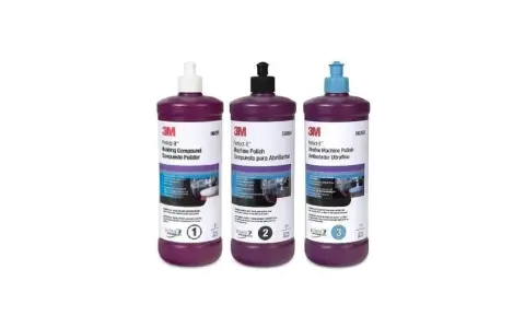 Three bottles of 3M Perfect-It car polishing compounds: Rubbing Compound, Machine Polish, and Ultrafine Machine Polish.