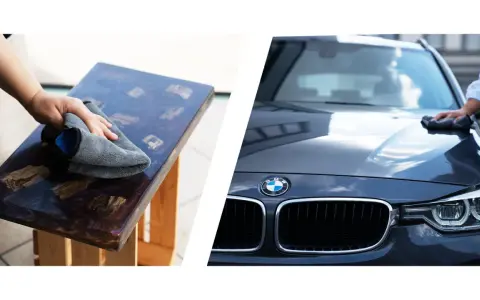 Polering av en epoxytablett och en mörk BMW med en trasa. För en glansig finish, använd Turtle Wax Carnauba.