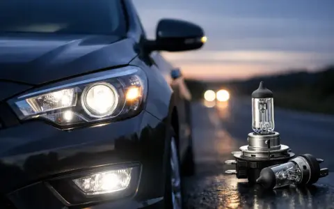 Bilens strålkastare lyser starkt i skymningen. Bredvid bilen ligger nya H7 LED-lampor, redo att ge klarare sikt på vägen.