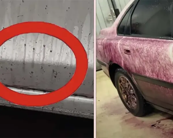 Bilens sida täckt av lila vätska, troligen flygrostborttagare OKQ8, som rinner ner.