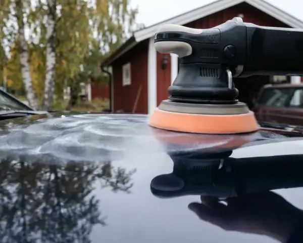 Polermaskin med skumrondell skapar virvlar på bilens lack. I bakgrunden syns ett rött hus och en äldre bil.