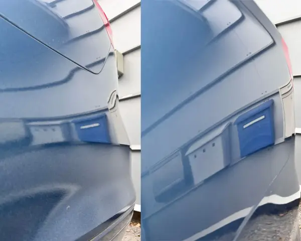 Före och efter-bild på en blå bil. Vänstra sidan visar en smutsig yta, högra sidan en skinande ren yta med repiga strålkastare som reflekteras.