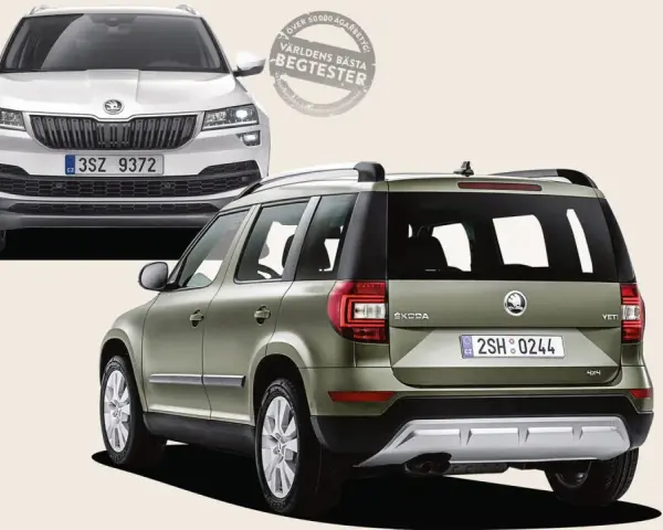 Två Skoda Yeti, en vit framifrån och en grön bakifrån. En stämpel med texten "Världens bästa begtester" antyder ett potentiellt Skoda Yeti problem.
