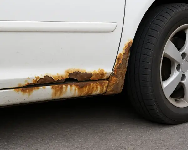 Rostfläckar på en vit bil, där billack har börjat lossna och blottlägga metallen. Dags att ta bort billack och rost.