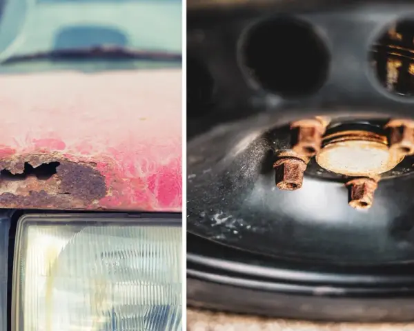 Rostskyddsbehandling gammal bil: en röd bil med rost på motorhuven och rostiga bultar på ett hjul.