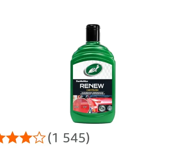 En flaska Turtle Wax Renew Car Polish, med en bild som visar före- och efterresultat på en bil.