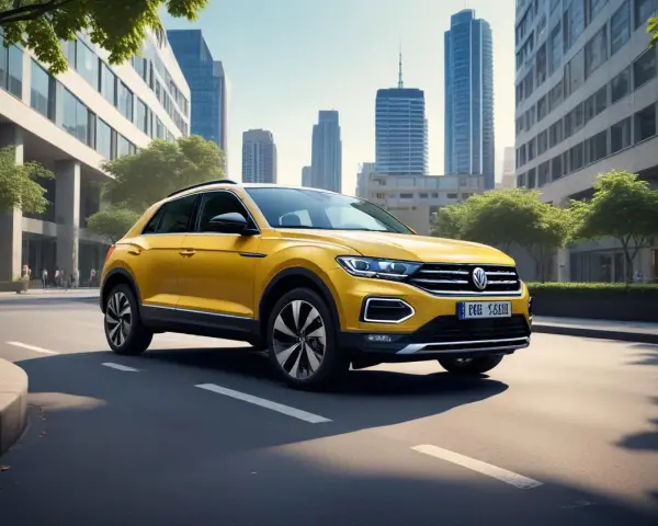Gul Volkswagen T-Roc kör på en stadsgata, med höga byggnader och träd i bakgrunden. Ett potentiellt t-roc problem kan vara att den drar till sig uppmärksamhet.