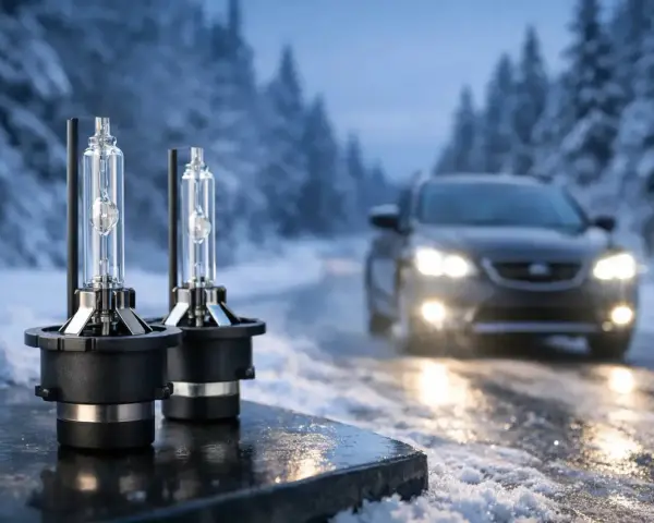 Två nya bilstrålkastare framför en bil som kör i snö. Dessa lampor ger klar sikt, så du vet vilka lampor har min bil.
