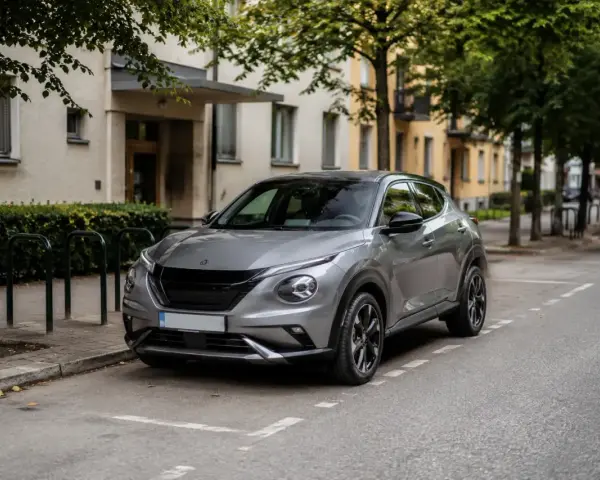 Grå Nissan Juke parkerad längs en gata, med en byggnad och träd i bakgrunden. Kanske ett problem med bilen?