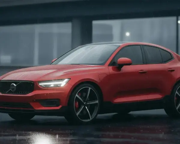 Röd Volvo C40 står i regnet. Enkel bilvård för att vaxa bilen utan att polera.