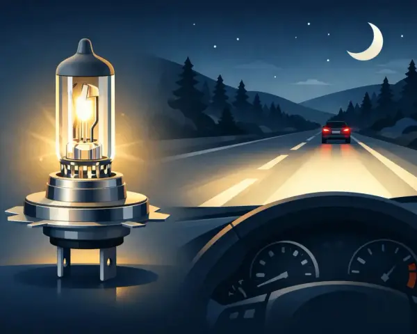 En glödande Osram H4-lampa lyser upp en mörk landsväg. Bilens strålkastare lyser upp vägen framför, med en annan bil i fjärran under en månskära.