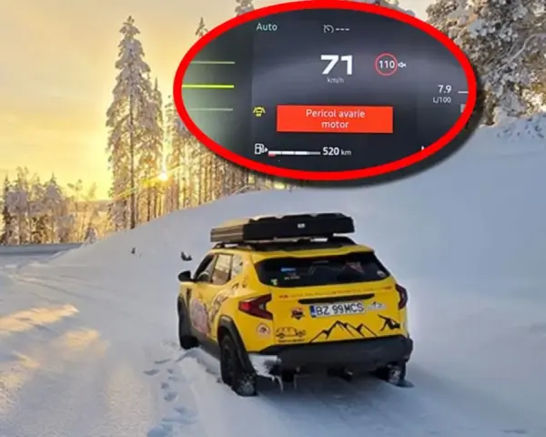 Gul Dacia Sandero med takbox i snölandskap. Varningslampan "Pericol avarie motor" lyser, ett tydligt Dacia Sandero problem.