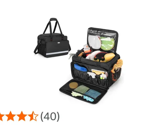 En öppen, svart detailing bag fylld med bilvårdsprodukter som svampar, flaskor och mikrofiberdukar.