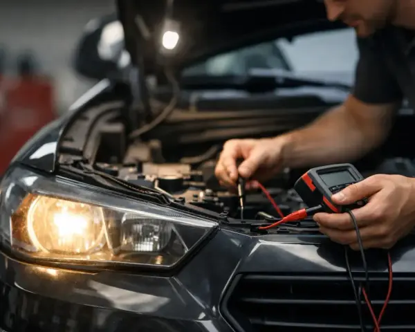 Mekaniker kontrollerar bilens elsystem med multimeter. Halvljuset lyser svagt, vilket tyder på dåligt halvljus.