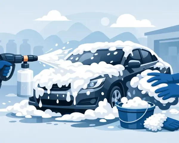 Bil tvättas med rikligt med snöskum. En hand med blå handske sprutar skum från en högtryckstvätt. En annan hand med handske tvättar bilen med en svamp.
