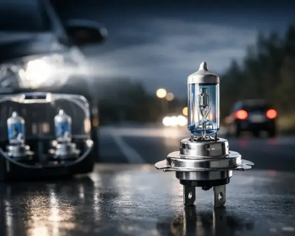 En ensam Osram Night Breaker H7-lampa står redo att lysa upp mörka vägar. I bakgrunden syns en bil med tända strålkastare.