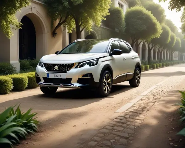 Vit Peugeot 3008 automat parkerad på en grusväg, omgiven av grönska och en herrgård. Kanske en peugeot 3008 automat problem orsakade stoppet här?