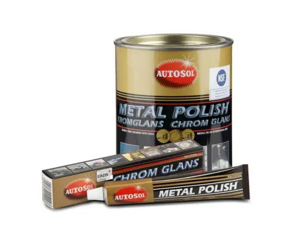 Autosol kromglans för skinande metall. En burk och en tub med polermedel som ger fantastisk glans.