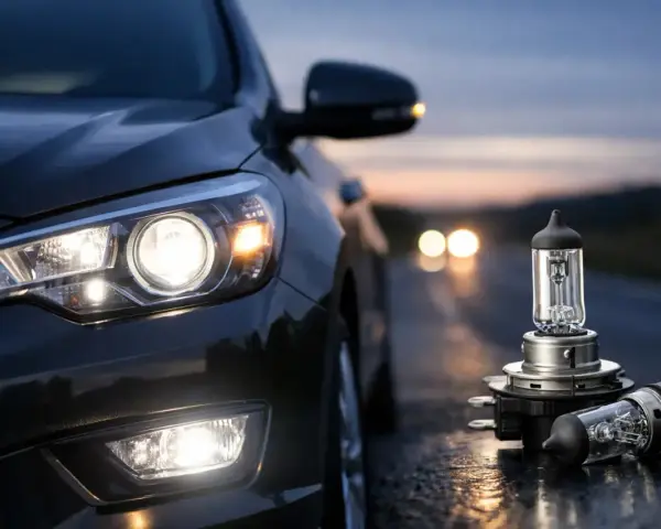 Bilens strålkastare lyser starkt i skymningen. Bredvid bilen ligger nya H7 LED-lampor, redo att ge klarare sikt på vägen.