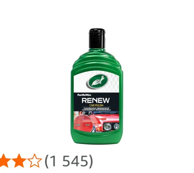 En flaska Turtle Wax Renew Car Polish, med en bild som visar före- och efterresultat på en bil.