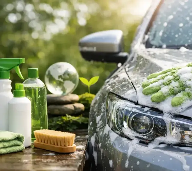 Tvätta bilen hemma med miljövänliga produkter. En hand med tvätthandske tvättar bilen i skum.