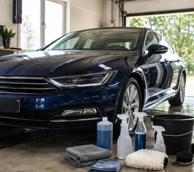Blå bil i garage med tvättutrustning. En fälgborste ligger redo bredvid en hink och flaskor med rengöringsmedel.