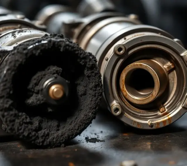 En igensotad EGR-ventil, ett vanligt symptom vid dieselmotorer. Den ena sidan är täckt av svart sot, den andra visar tecken på rost.