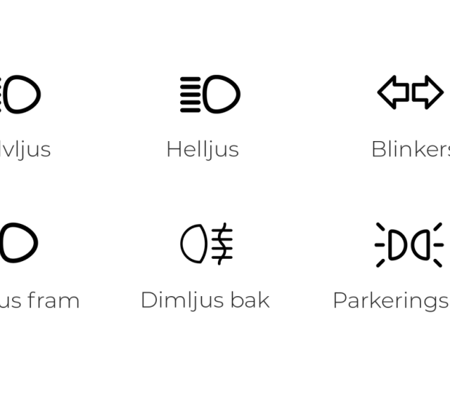 Symboler för halvljus, helljus, blinkers, dimljus fram, dimljus bak och parkeringsljus.