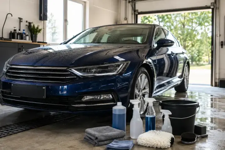 Blå bil i garage med tvättutrustning. En fälgborste ligger redo bredvid en hink och flaskor med rengöringsmedel.