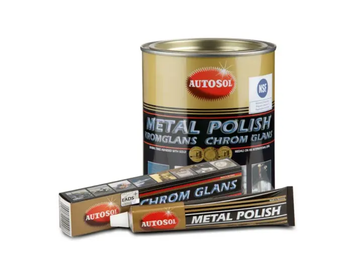 Autosol kromglans för skinande metall. En burk och en tub med polermedel som ger fantastisk glans.