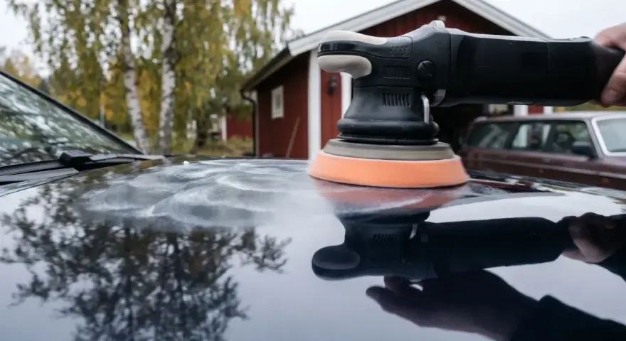 Polermaskin med skumrondell skapar virvlar på bilens lack. I bakgrunden syns ett rött hus och en äldre bil.