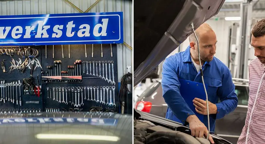 Mekaniker diskuterar med kund vad kostar service på bil. Verkstad med verktyg i bakgrunden.