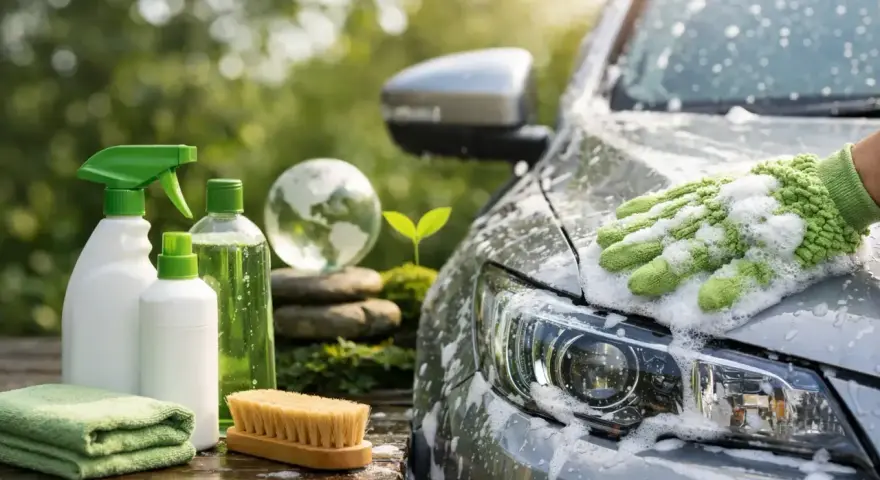 Tvätta bilen hemma med miljövänliga produkter. En hand med tvätthandske tvättar bilen i solljus.