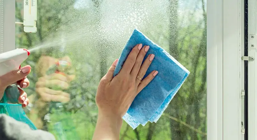 En hand med ljusrosa naglar torkar ett fönster med en blå trasa. En sprayflaska med fönsterputs med ammoniak syns i bakgrunden.