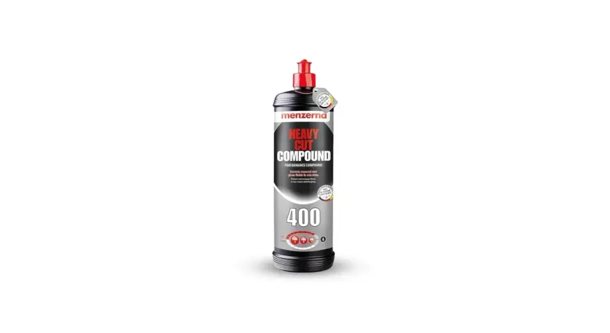 En flaska Menzerna Heavy Cut Compound 400, en kraftfull polermedel för bilvård.
