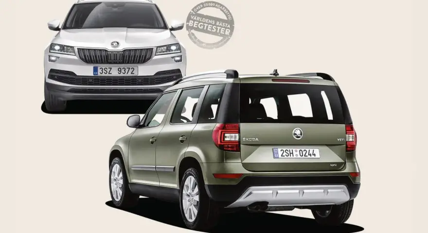 Två Skoda Yeti, en vit framifrån och en grön bakifrån. En stämpel med texten "Världens bästa begtester" antyder ett potentiellt Skoda Yeti problem.