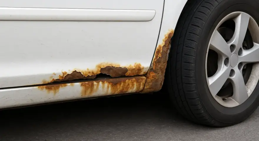 Rostfläckar på en vit bil, där billack har börjat lossna och blottlägga metallen. Dags att ta bort billack och rost.